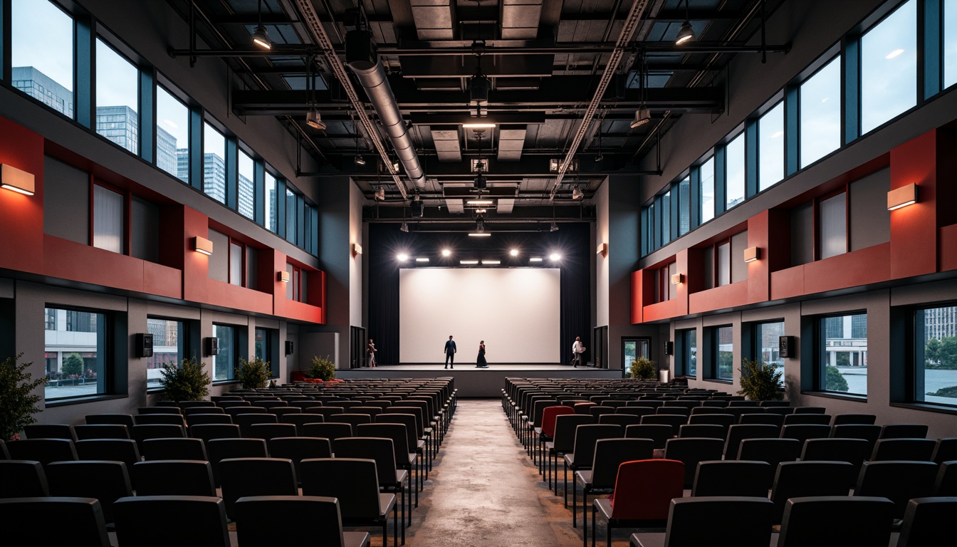 Prompt: Raked seating, minimalist decor, industrial metal beams, exposed ductwork, polished concrete floors, geometric-shaped stage, functional lighting fixtures, bold color accents, rectangular-shaped windows, asymmetrical composition, dramatic spotlights, high-contrast shadows, cinematic atmosphere, avant-garde performances, eclectic art installations, brutalist architecture, urban cityscape views, cloudy day, soft diffused lighting, shallow depth of field, 2/3 composition, symmetrical framing.