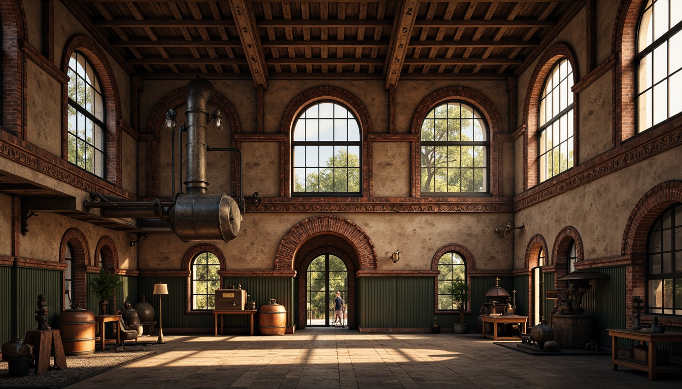 Prompt: Rustic industrial factory, Romanesque fa\u00e7ade, arched windows, ornate stone carvings, distressed brick walls, metal cladding, corrugated roofing, vintage machinery, exposed ductwork, reclaimed wood accents, earthy color palette, warm golden lighting, dramatic shadows, 1/2 composition, low-angle shot, realistic textures, ambient occlusion.