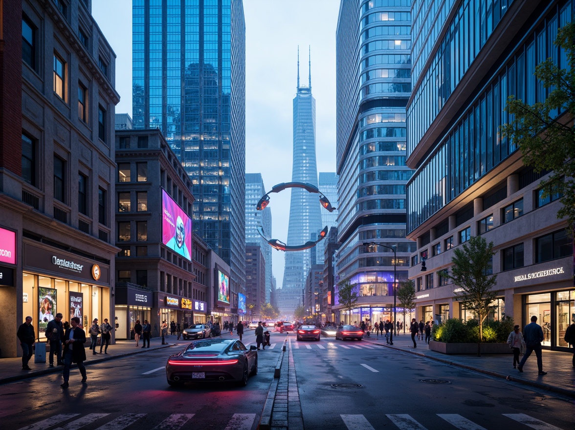 Prompt: Neon-lit skyscrapers, metallic silver accents, iridescent glass facades, holographic advertisements, cyberpunk cityscape, vibrant electric blue hues, neon green highlights, deep purple tones, rose gold details, sleek chrome lines, geometric patterns, futuristic urban landscape, high-tech infrastructure, levitating transportation pods, atmospheric mist, soft glowing ambiance, shallow depth of field, 1/1 composition, cinematic lighting, realistic reflections.