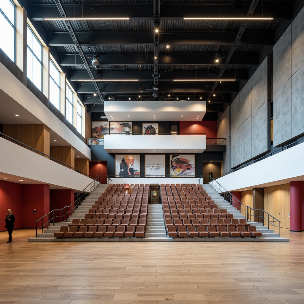 Prompt: Geometric auditorium, minimalist seating, industrial lighting fixtures, exposed ductwork, polished concrete floors, steel beams, functionalist architecture, rectangular shapes, primary color accents, bold typography, cantilevered balconies, asymmetrical compositions, natural light pouring in, high ceilings, open floor plans, modernist design elements, brutalist textures, abstract artwork, educational settings, collaborative learning spaces, flexible seating arrangements, moveable partitions, acoustic panels, sound-absorbing materials.