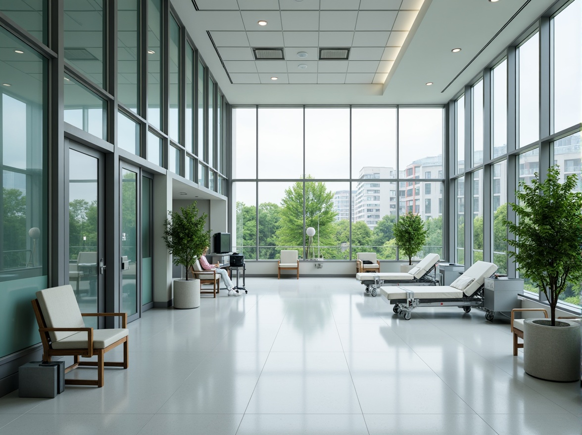 Prompt: Modern hospital architecture, sleek glass curtain walls, natural light influx, minimalist interior design, sterile white floors, stainless steel medical equipment, comfortable patient rooms, private recovery areas, calming greenery views, urban cityscape backdrop, overcast day, soft diffused lighting, shallow depth of field, 1/1 composition, realistic reflections, ambient occlusion.