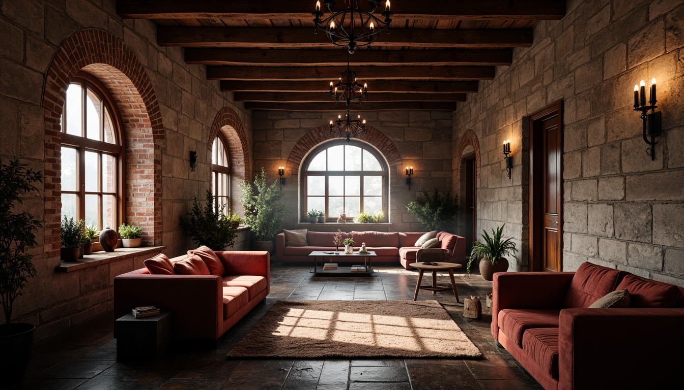 Prompt: Rustic loft interior, exposed brick walls, distressed wooden beams, ornate Gothic arches, textured stone surfaces, rich velvet fabrics, luxurious leather upholstery, intricate metalwork details, warm candlelight, dramatic shadows, atmospheric misting, 1/1 composition, shallow depth of field, realistic textures, ambient occlusion.