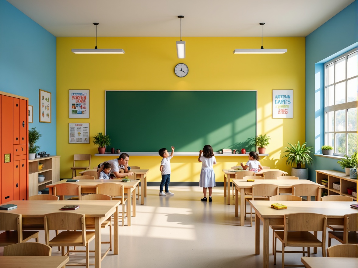 Prompt: Vibrant elementary school, playful kindergarten, bright yellow walls, sky blue accents, green chalkboard, wooden desks, colorful lockers, educational posters, natural light, open classrooms, modern furniture, ergonomic chairs, collaborative learning spaces, interactive whiteboards, stimulating color scheme, warm beige floors, soft pastel shades, calming atmosphere, shallow depth of field, 1/1 composition, realistic textures, ambient occlusion.