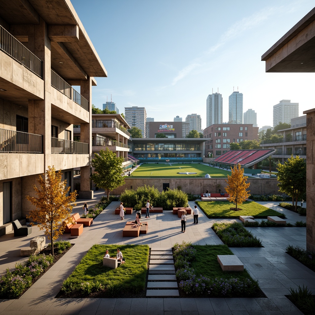 Prompt: Vibrant football stadium, social housing complex, brutalist architecture, exposed concrete structures, industrial metal beams, reclaimed wood accents, green roofs, urban landscape, bustling cityscape, afternoon sunlight, warm atmospheric lighting, shallow depth of field, 1/2 composition, realistic textures, ambient occlusion, communal outdoor spaces, public art installations, dynamic street furniture, pedestrian-friendly walkways, community gardens, eclectic mix of materials, bold color schemes.