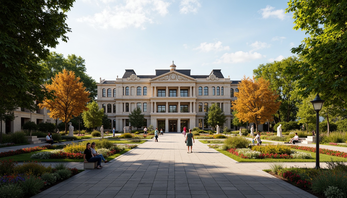 Prompt: Majestic high school building, Baroque architecture, ornate facades, grand entrance, symmetrical gardens, lush greenery, vibrant flowers, meandering pathways, decorative fountains, statues, benches, natural stone walkways, brick pavement, mature trees, sunny day, soft warm lighting, shallow depth of field, 3/4 composition, panoramic view, realistic textures, ambient occlusion.