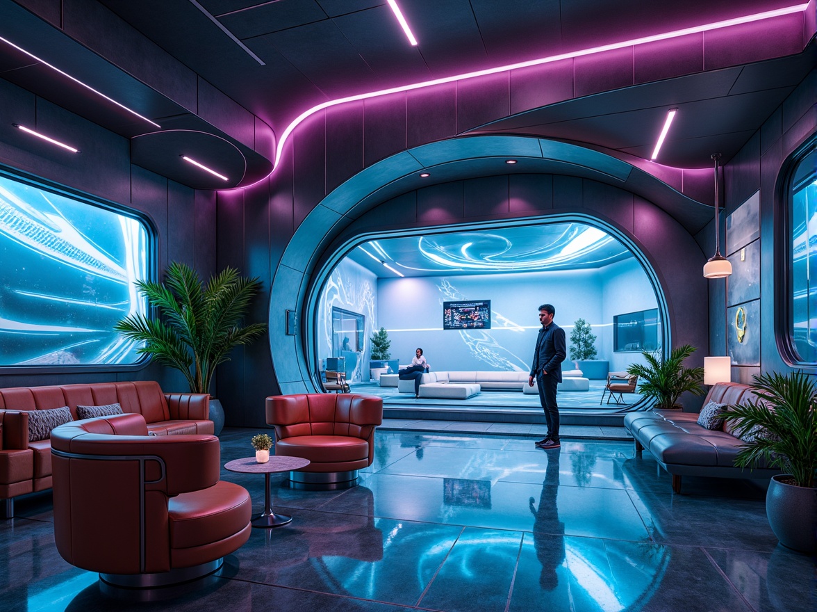 Prompt: Futuristic interior, neon-lit ambiance, holographic projections, sleek metallic surfaces, minimalist decor, levitating furniture, transparent glass floors, curved lines, geometric patterns, ambient lighting, soft glow, 3/4 composition, shallow depth of field, panoramic view, realistic textures, ambient occlusion, virtual reality interfaces, augmented reality displays, cyberpunk-inspired color schemes, iridescent materials, holographic windows, zero-gravity environments.