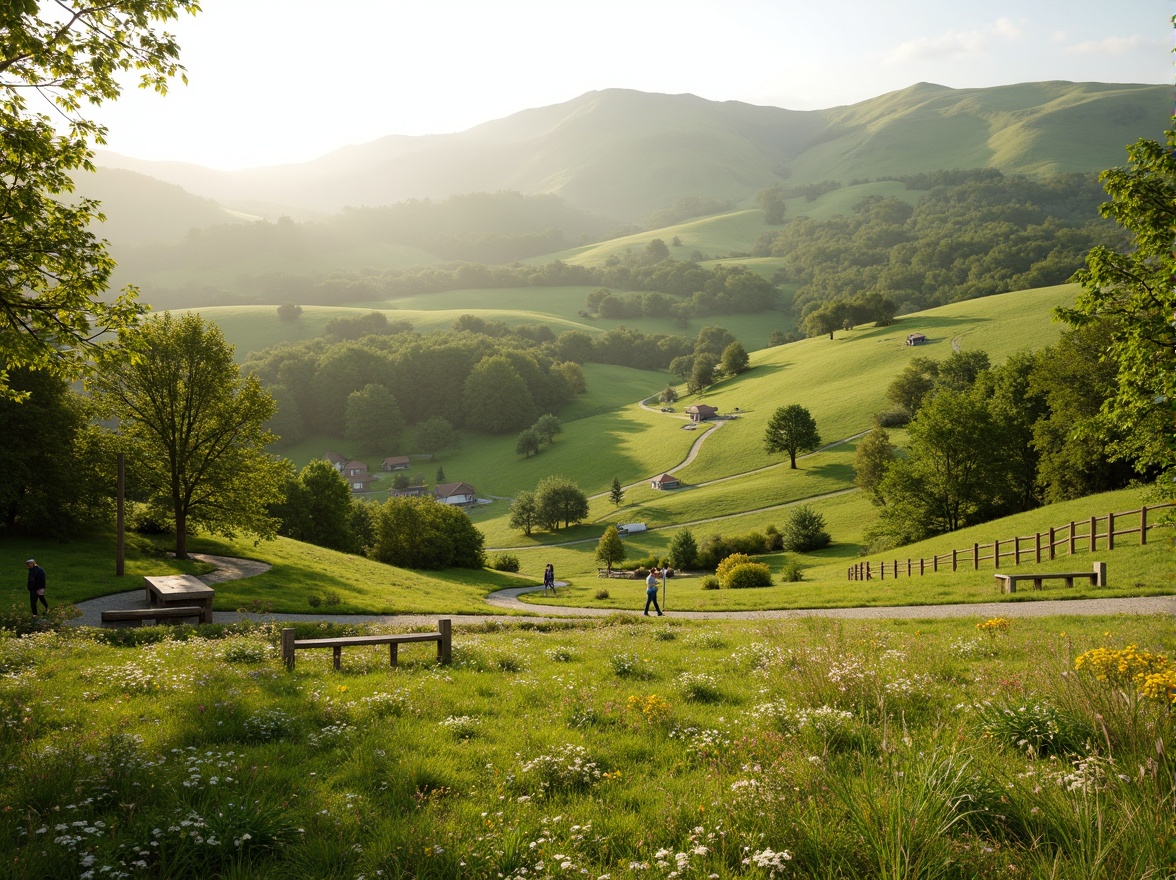 Prompt: Rolling hills, lush green grass, wildflowers, meandering pathways, rustic wooden fences, natural stone benches, serene atmosphere, warm sunlight, soft breeze, shallow depth of field, 3/4 composition, panoramic view, realistic textures, ambient occlusion, gentle slopes, scattered trees, native plant species, eco-friendly maintenance, sustainable irrigation systems, minimalist design, organic shapes, earthy color palette.