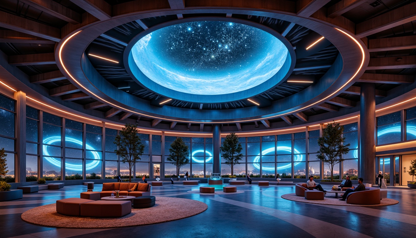 Prompt: Cosmic planetarium, futuristic dome structure, geometric shapes, Bauhaus-inspired design, bold color blocking, abstract patterns, circular orbits, starry night sky, neon-lit constellations, minimalist furniture, sleek metal accents, glass partitions, ambient lighting, 3/4 composition, low-angle shot, cinematic atmosphere, realistic textures, subtle animations.