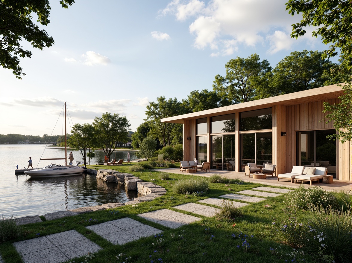 Prompt: Lakefront villa, serene water views, lush greenery, wooden docks, sailboats, calm lake surface, warm sunny day, soft natural lighting, shallow depth of field, 3/4 composition, panoramic view, realistic textures, ambient occlusion, modern minimalist architecture, large windows, sliding glass doors, outdoor living spaces, comfortable furniture, nature-inspired color palette, rustic wood accents, stone pathways, scenic walking trails.