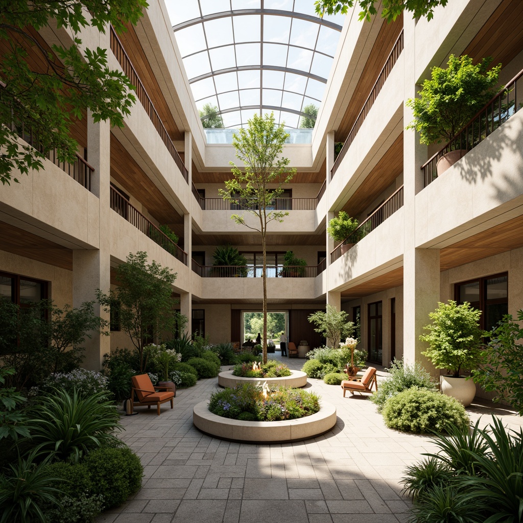 Prompt: Vibrant atrium, lush greenery, natural stone walls, wooden accents, floor-to-ceiling windows, clerestory windows, skylights, open spaces, minimalist decor, warm beige tones, soft diffused lighting, indirect sunlight, ambient shadows, 1/1 composition, shallow depth of field, realistic textures, subtle color palette, serene atmosphere, peaceful ambiance.