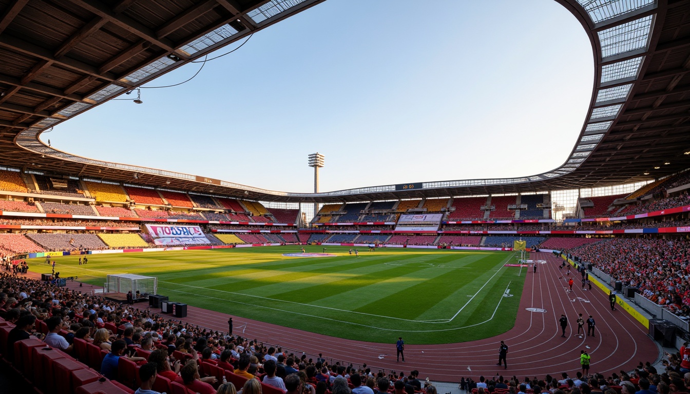 Prompt: Vibrant soccer stadium, bold team colors, dynamic seating areas, lush green grass, athletic track, modern architecture, sleek metal structures, transparent roofs, retractable canopies, floodlighting systems, evening ambiance, warm golden lighting, shallow depth of field, 1/1 composition, realistic textures, ambient occlusion, energetic atmosphere, cheering crowds, sports branding elements.