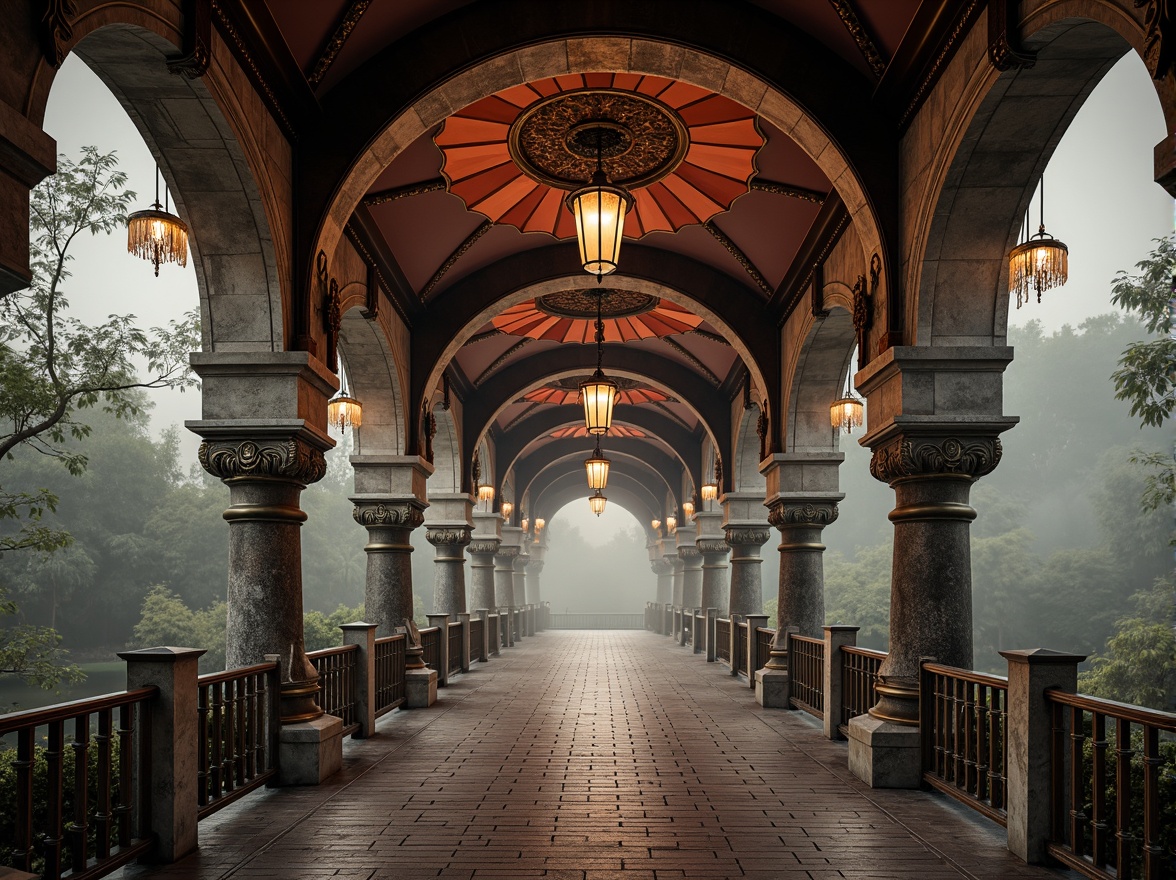 Prompt: Ornate Baroque bridge, rustic stone arches, intricately carved balustrades, polished bronze railings, ornamental lanterns, weathered copper roofing, distressed wooden decking, rich velvet draping, gilded accents, lavish crystal chandeliers, soft warm lighting, misty atmospheric effects, shallow depth of field, 1/2 composition, cinematic view, realistic textures, ambient occlusion.