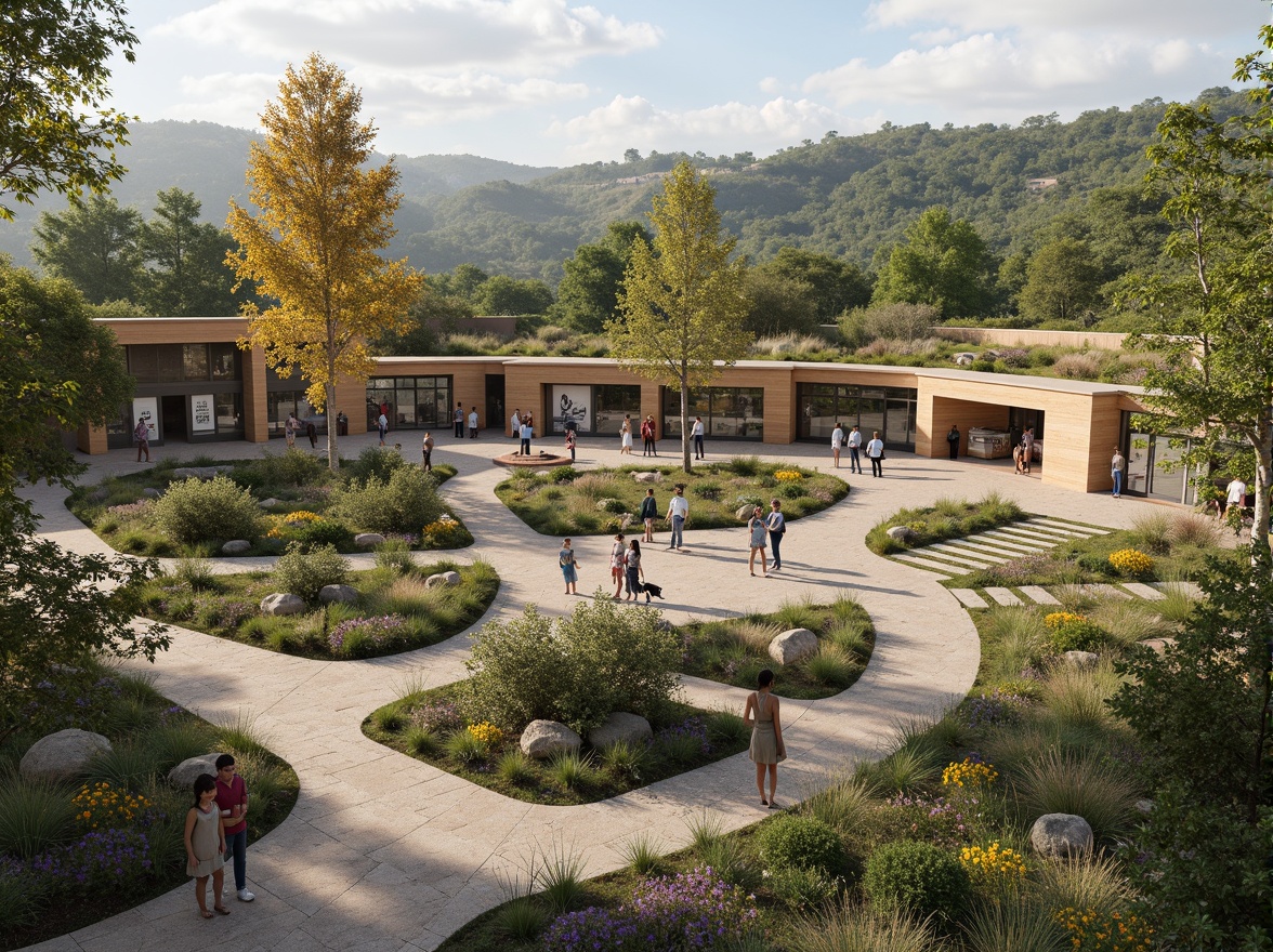 Prompt: Panoramic visitor center, harmonious landscape integration, natural stone walls, wooden accents, green roofs, native plant species, meandering walkways, scenic overlooks, educational signage, interactive exhibits, floor-to-ceiling windows, abundant natural light, warm earthy tones, organic architecture, curved lines, minimalist decor, rustic textures, ambient soundscape, shallow depth of field, 1/1 composition, realistic rendering.