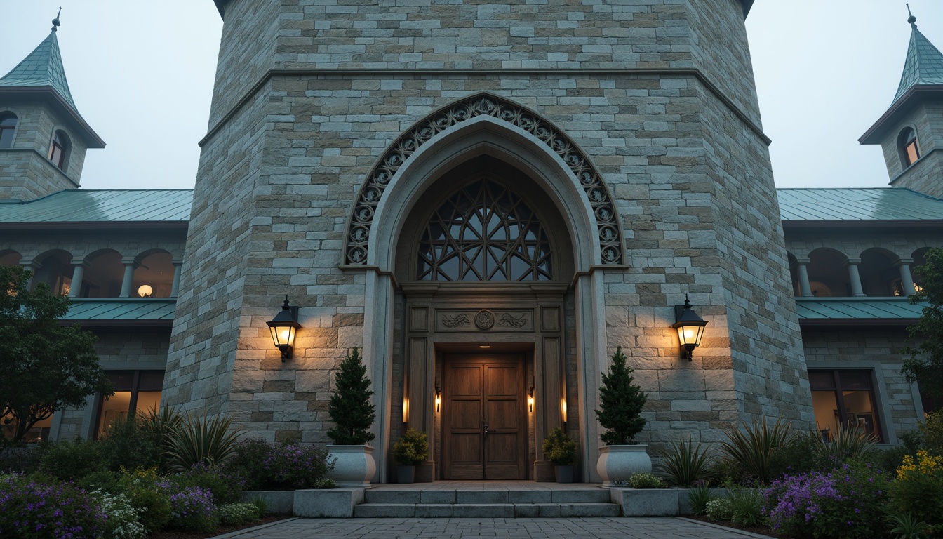 Prompt: Majestic watchtower, medieval-inspired facade, stone walls, Gothic arches, grandiose entrance, ornate carvings, intricate stonework, weathered copper roofs, mystical lanterns, misty morning atmosphere, soft warm lighting, shallow depth of field, 3/4 composition, panoramic view, realistic textures, ambient occlusion.