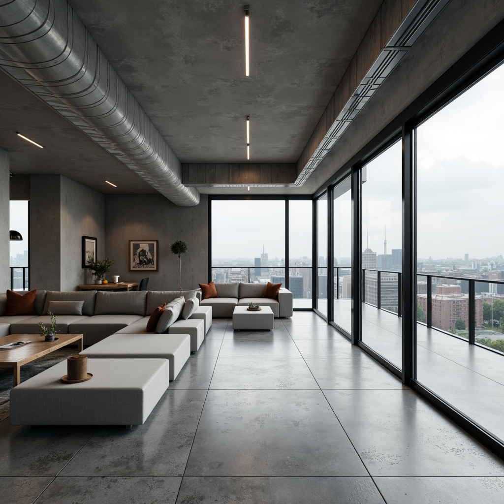 Prompt: Minimalist interior, open-plan living space, sleek lines, monochromatic color scheme, polished concrete floors, floor-to-ceiling windows, sliding glass doors, natural light, airy atmosphere, functional zones, flexible layouts, modular furniture, geometric shapes, industrial materials, exposed ductwork, urban loft aesthetic, modern cityscape views, cloudy day, soft diffused lighting, shallow depth of field, 2/3 composition, realistic textures, ambient occlusion.