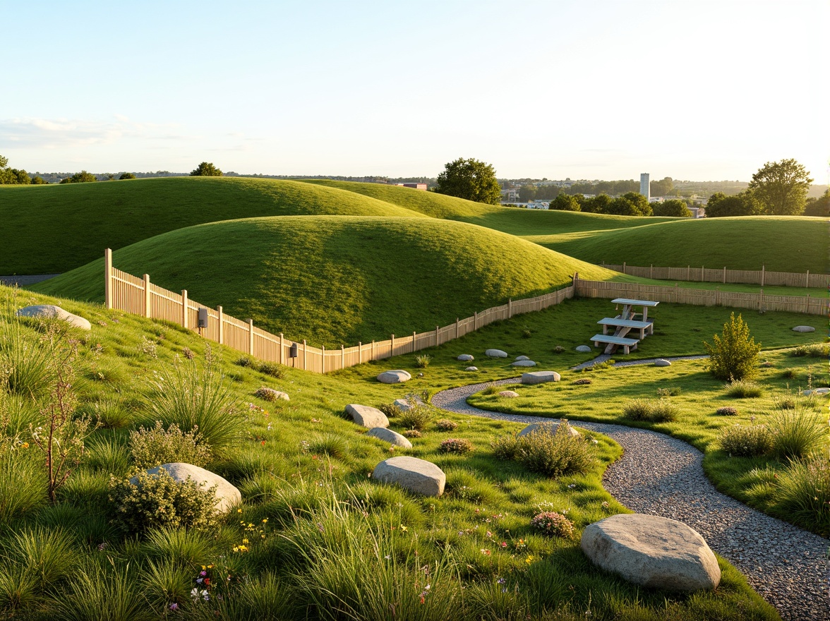 Prompt: Rolling hills, lush green grass, wildflowers, meandering pathways, rustic wooden fences, natural stone benches, serene atmosphere, warm sunlight, soft breeze, gentle slopes, native plant species, organic mulch, decorative boulders, meadow-inspired design, asymmetrical composition, shallow depth of field, 1/2 camera angle, realistic textures, ambient occlusion.