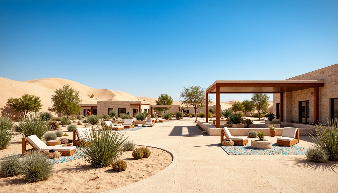 Prompt: Desert oasis, sandy dunes, cactus plants, succulent gardens, hot sunny day, clear blue sky, vast open space, modern desert-inspired architecture, earthy tones, natural stone walls, wooden accents, minimalist design, xeriscaping, drought-tolerant plants, water-efficient irrigation systems, outdoor seating areas, shaded pergolas, misting systems, vibrant colorful textiles, intricate geometric motifs, warm ambient lighting, shallow depth of field, 3/4 composition, panoramic view.