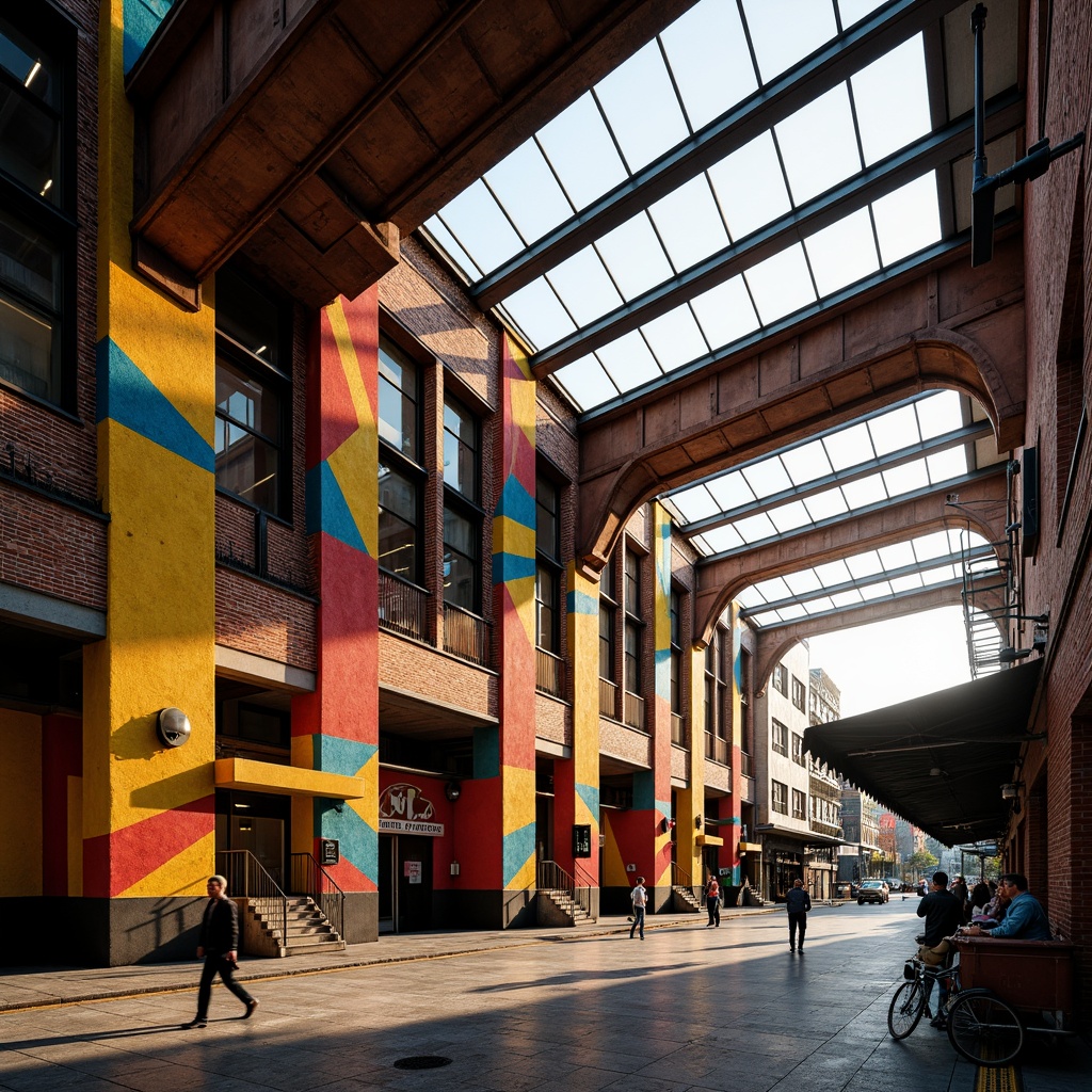 Prompt: Vibrant train station, expressionist architecture, bold geometric shapes, bright primary colors, contrasting secondary hues, industrial metal beams, exposed brick walls, distressed concrete textures, urban cityscape, bustling streets, morning rush hour, warm golden lighting, shallow depth of field, 1/2 composition, dramatic shadows, cinematic atmosphere, gritty realistic details.