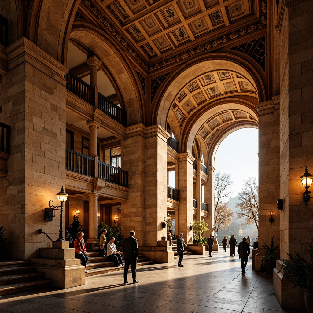 Prompt: Grand archways, ornate columns, vaulted ceilings, intricate stone carvings, warm golden lighting, bustling metro station, Romanesque style architecture, historic ambiance, detailed moldings, rustic brick walls, grand staircases, elegant chandeliers, vibrant urban atmosphere, morning rush hour, shallow depth of field, 1/2 composition, realistic textures, ambient occlusion.