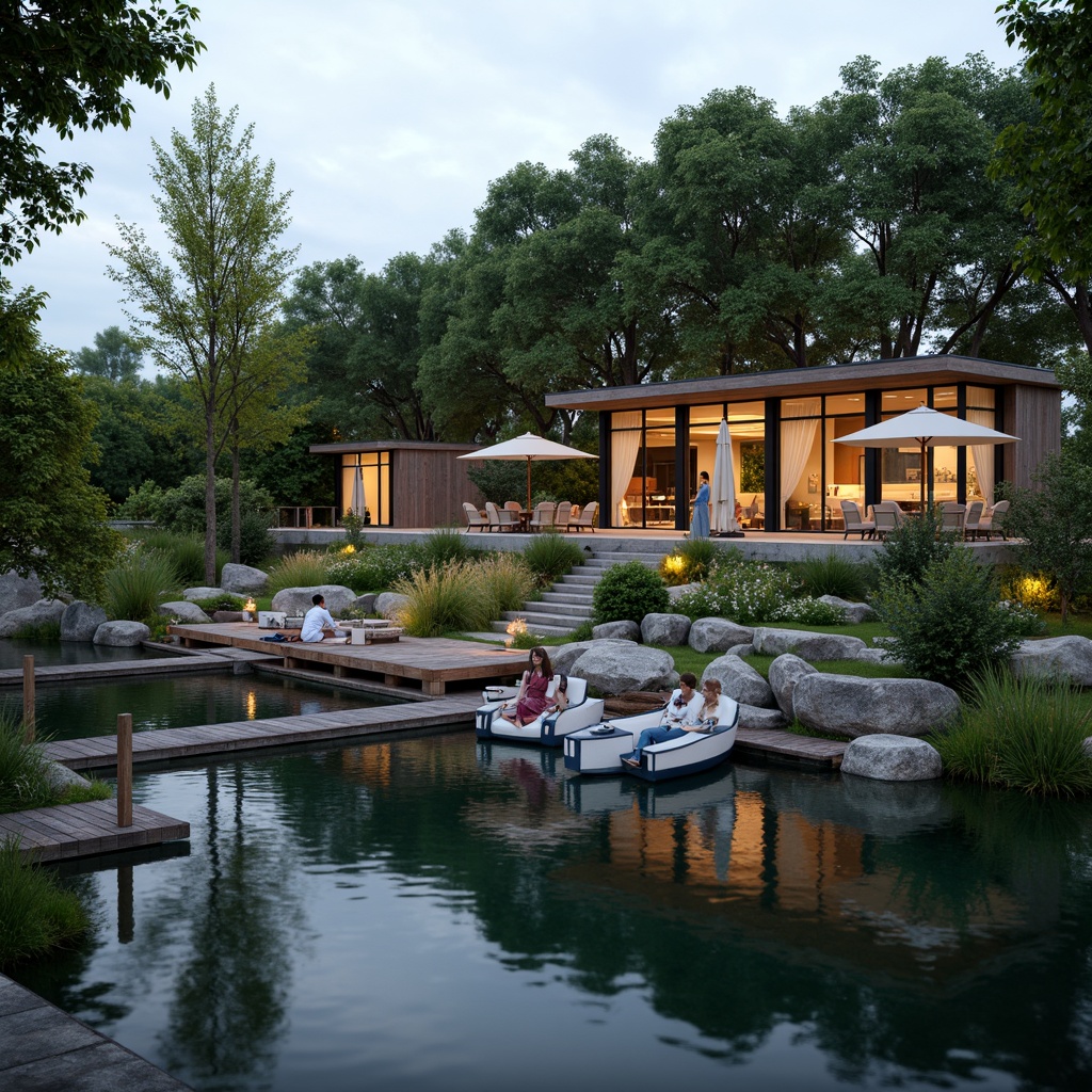 Prompt: Scenic lakefront, serene water reflections, lush greenery, wooden docks, sailboats, modern lakehouse architecture, large windows, sliding glass doors, natural stone walls, rustic wood accents, cozy outdoor seating areas, warm string lighting, shallow depth of field, 3/4 composition, panoramic view, realistic textures, ambient occlusion.