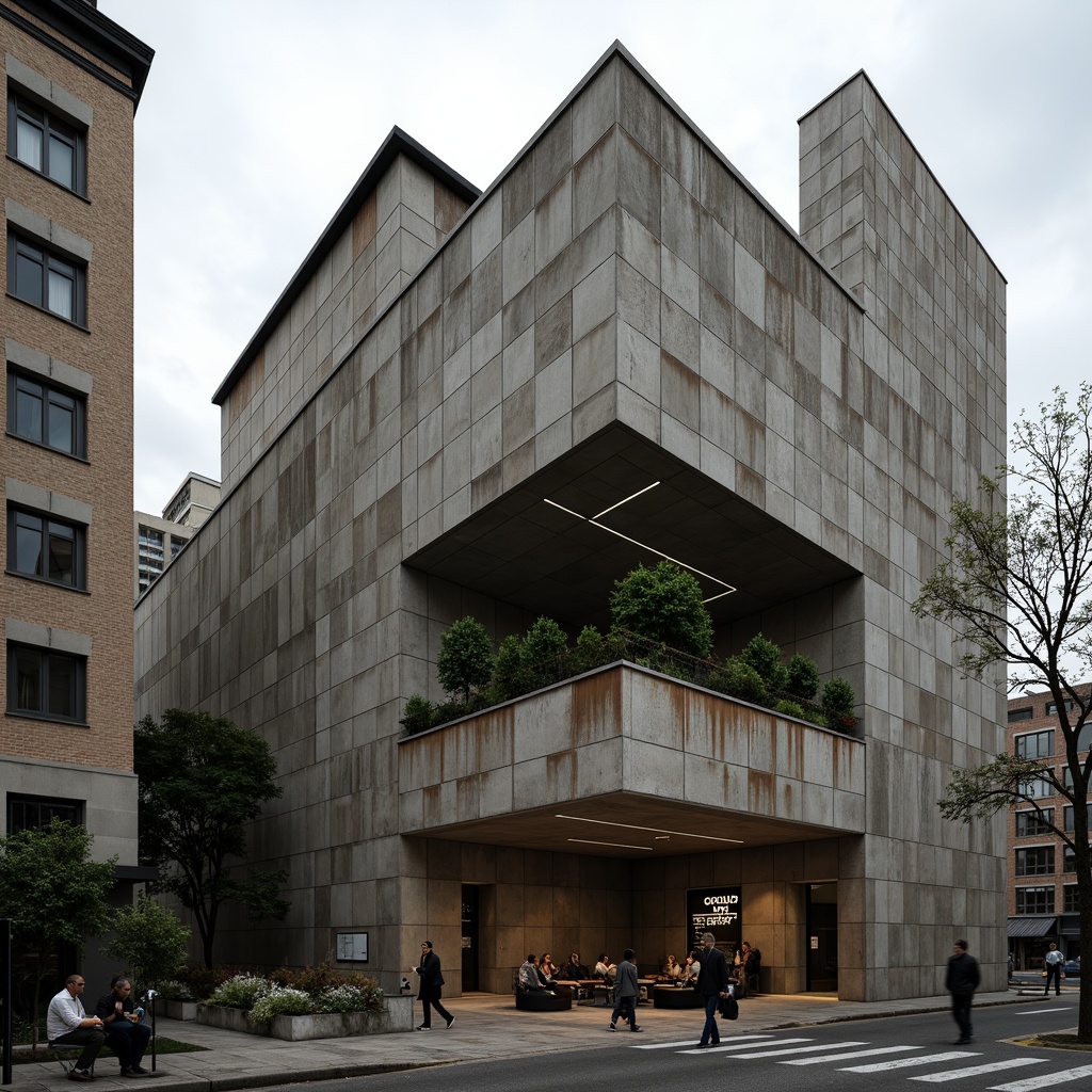 Prompt: Rugged brutalist architecture, exposed concrete surfaces, industrial textures, bold geometric forms, cantilevered structures, raw unfinished materials, urban cityscape, overcast skies, dramatic shadows, high-contrast lighting, 1/2 composition, low-angle shot, atmospheric perspective, detailed rust patterns, weathered steel beams, reinforced concrete columns, innovative formwork systems, modular construction methods, complex spatial relationships, abstract expressionist art influences.