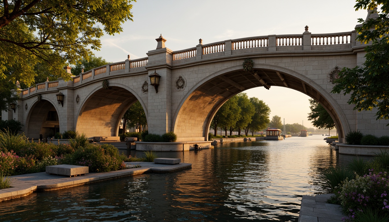 Prompt: Ornate bridge, grandiose arches, intricately carved stone balustrades, gilded accents, ornamental lanterns, majestic river views, serene water reflections, lush greenery, vibrant flowers, natural stone piers, decorative iron railings, sweeping curves, dramatic lighting, warm golden tones, high contrast shadows, 1/2 composition, atmospheric perspective, realistic textures, ambient occlusion.