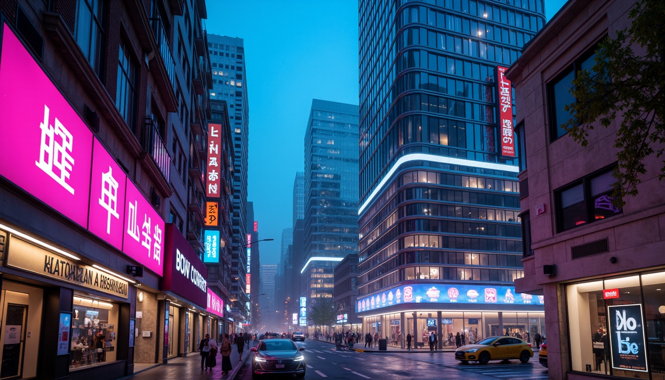 Prompt: Neon-lit skyscrapers, iridescent glass facades, metallic silver accents, holographic advertisements, luminescent LED lights, electric blue hues, vibrant pink neon signs, sleek chrome details, futuristic urban landscapes, cyberpunk cityscapes, dystopian alleys, retro-futuristic nostalgia, atmospheric mist effects, cinematic lighting, high-contrast shadows, 3/4 composition, symmetrical architecture, geometric patterns, abstract shapes, avant-garde design elements.