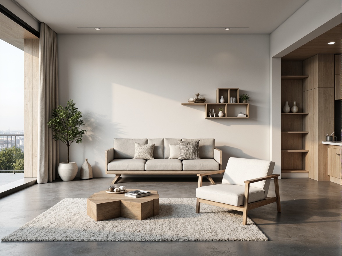 Prompt: Minimalist living room, sleek low-profile furniture, monochromatic color scheme, polished concrete floors, floor-to-ceiling windows, natural light pouring in, sparse decorative elements, geometric-shaped coffee table, Scandinavian-inspired wooden accents, hidden storage compartments, multi-functional spaces, compact kitchenette, induction cooktop, wall-mounted shelves, recessed lighting, soft warm glow, shallow depth of field, 1/1 composition, realistic textures, ambient occlusion.