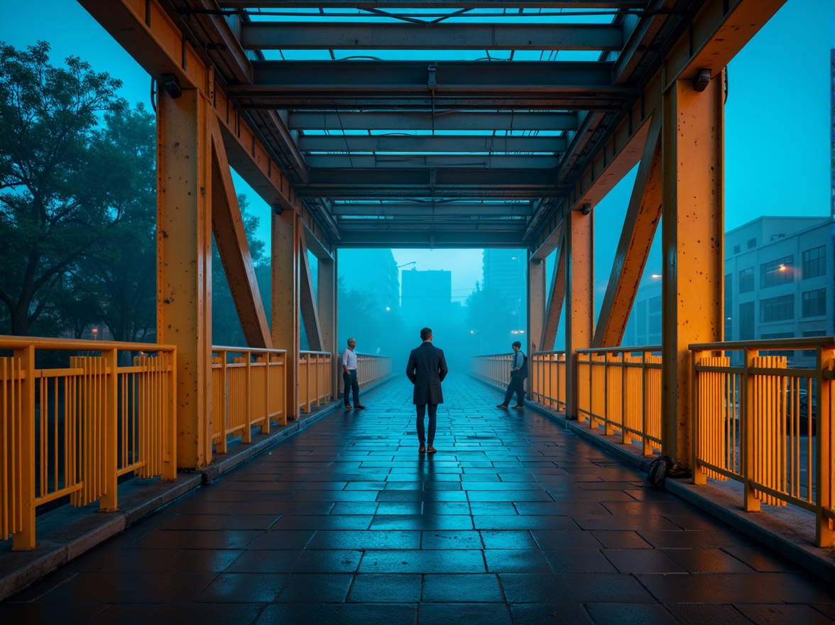 Prompt: Modern urban bridge, sleek metal structure, bold industrial colors, dark grey steel beams, bright orange accents, vibrant yellow safety rails, cool blue LED lighting, misty atmospheric effects, shallow depth of field, 1/1 composition, realistic metallic textures, ambient occlusion.