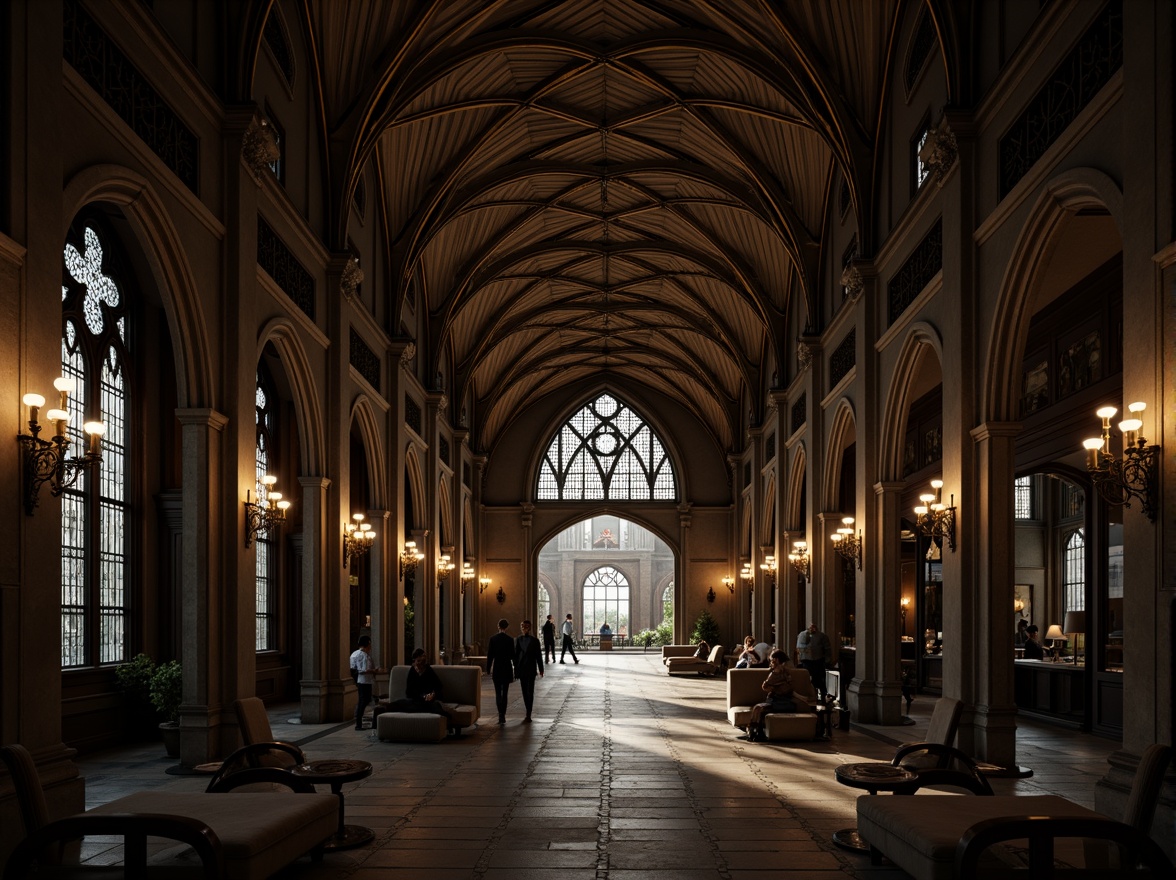 Prompt: Grandiose archways, pointed Gothic arches, ribbed vaults, ornate stone carvings, stained glass windows, intricate tracery patterns, majestic entrance halls, high ceilings, dark wood paneling, mysterious ambiance, warm soft lighting, dramatic shadows, 1/1 composition, symmetrical framing, realistic textures, ambient occlusion.