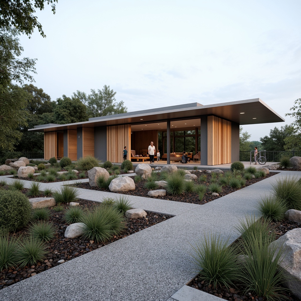 Prompt: Sleek visitor center, minimalist architecture, natural stone walls, large glass windows, sliding doors, open floor plan, low-profile roofs, subtle lighting, native plant species, gravel pathways, weathered wood accents, simple signage, organic shapes, earthy color palette, seamless integration with surroundings, panoramic views, shallow depth of field, 3/4 composition, realistic textures, ambient occlusion.