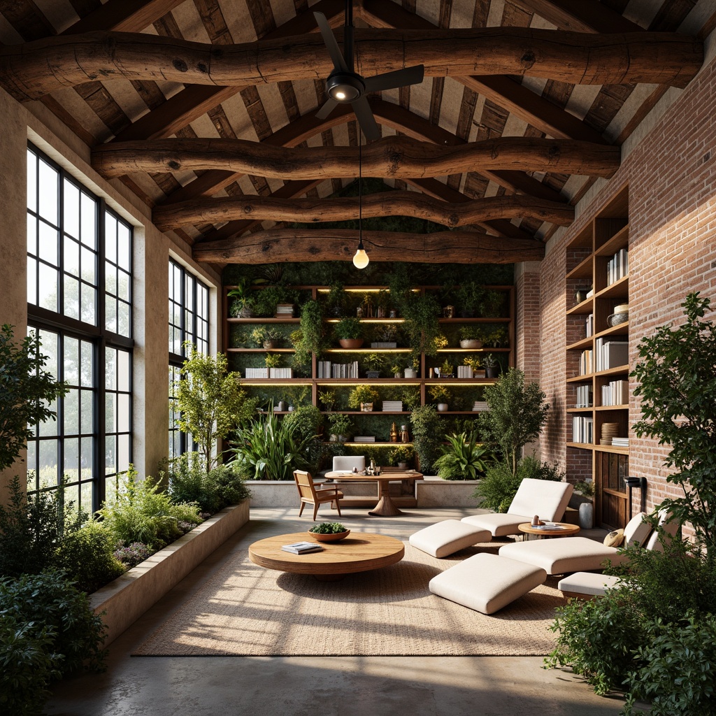 Prompt: Exposed brick walls, reclaimed wood accents, industrial metal beams, organic curved lines, earthy color palette, natural stone flooring, lush greenery, living walls, modern minimalist decor, cozy reading nooks, floor-to-ceiling windows, soft warm lighting, shallow depth of field, 3/4 composition, panoramic view, realistic textures, ambient occlusion.