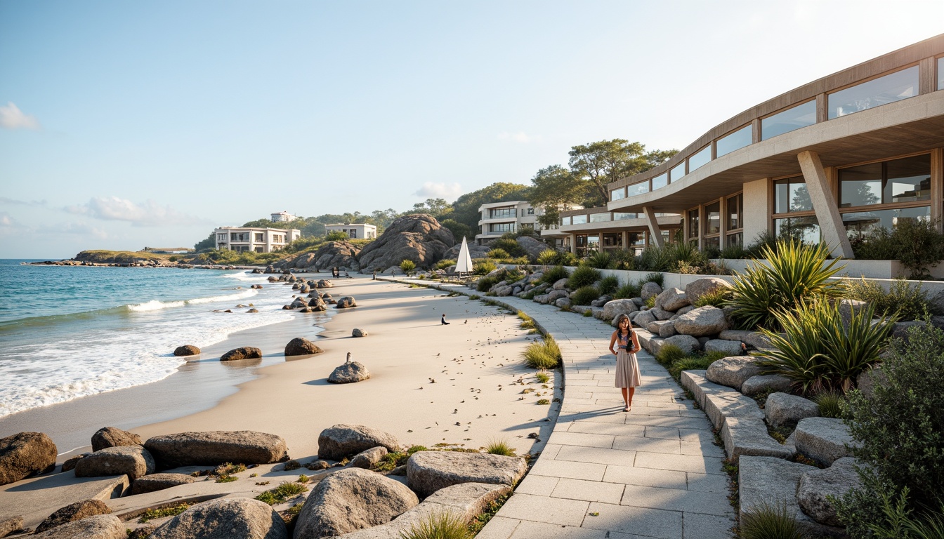 Prompt: Seaside coastal landscape, sandy beaches, rocky shores, ocean waves, salty air, beachside promenade, modern coastal architecture, curved lines, nautical themes, wooden docks, sailboats, seagulls, sunny day, soft warm lighting, shallow depth of field, 3/4 composition, panoramic view, realistic textures, ambient occlusion, integrated green roofs, native plant species, eco-friendly materials, sustainable drainage systems, natural stone seawalls, ocean-inspired sculptures, driftwood decorations, beachy color palette.