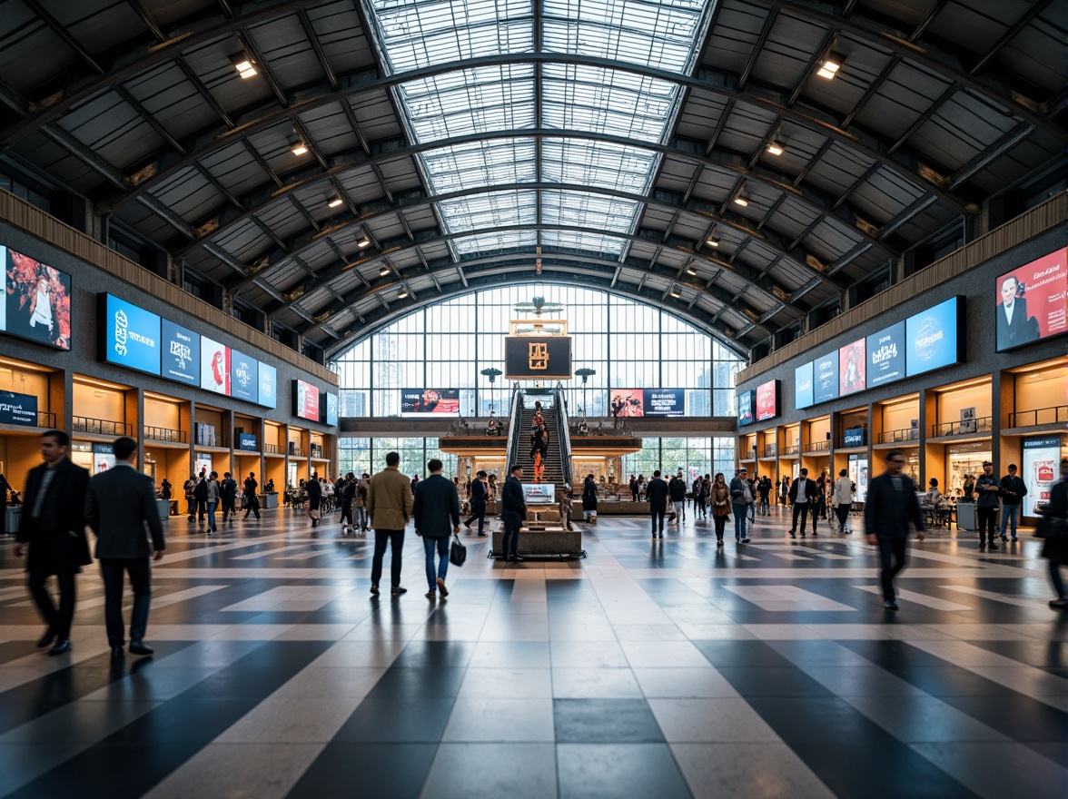 Prompt: Busy train station, modern architecture, grand entrance halls, high ceilings, natural light, sleek metal beams, polished marble floors, vibrant advertisements, electronic departure boards, comfortable waiting areas, convenient retail shops, spacious platforms, efficient signage systems, clear wayfinding, organized passenger flow, rush hour crowds, warm artificial lighting, shallow depth of field, 1/2 composition, realistic textures, ambient occlusion.