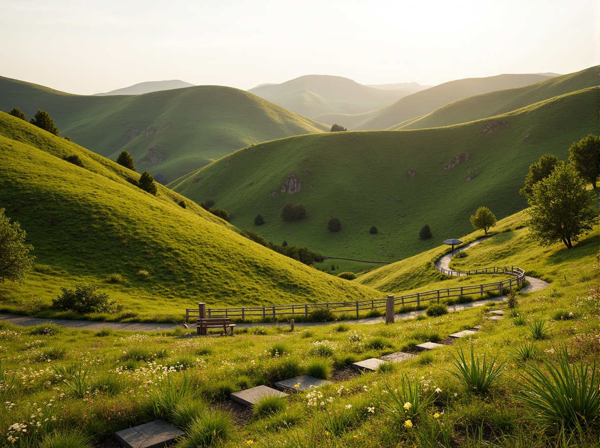 Prompt: Rolling hills, lush green grass, wildflowers, meandering pathways, rustic wooden fences, natural stone benches, serene atmosphere, warm sunlight, soft breeze, shallow depth of field, 3/4 composition, panoramic view, realistic textures, ambient occlusion, gentle slopes, scattered trees, native plant species, eco-friendly maintenance, sustainable irrigation systems, minimalist design, organic shapes, earthy color palette.