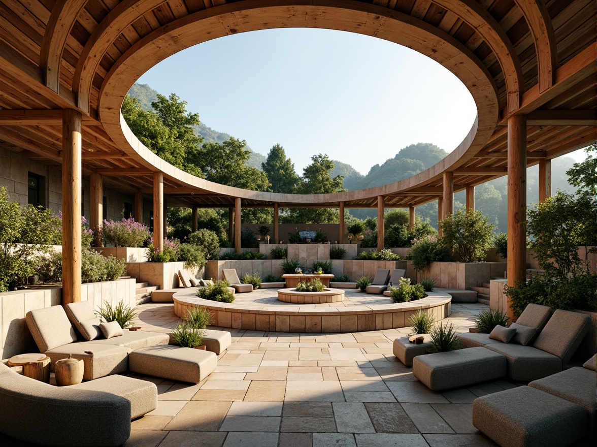 Prompt: Organic amphitheater, natural stone seating, lush greenery, curved wooden beams, earthy tones, warm sunny day, soft diffused lighting, high ceilings, open-air design, panoramic views, rustic textures, ambient occlusion, 3/4 composition, shallow depth of field, realistic renderings, vibrant flowers, gentle breeze, serene atmosphere.