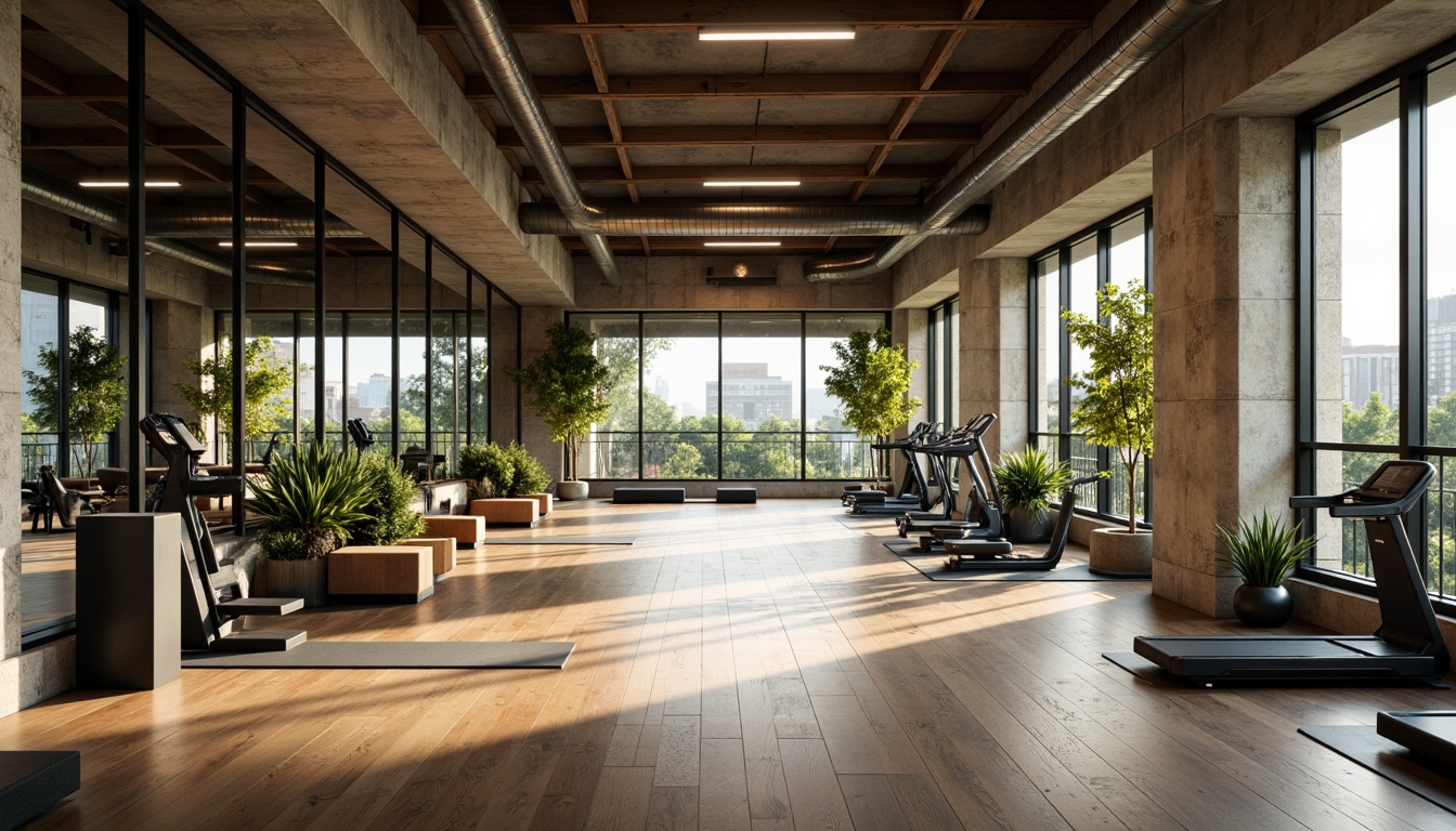 Prompt: Modern fitness studio, large windows, natural stone walls, wooden floors, mirrored surfaces, professional gym equipment, free weights, cardio machines, yoga mats, calm atmosphere, soft warm lighting, shallow depth of field, 3/4 composition, panoramic view, realistic textures, ambient occlusion, urban cityscape, morning sunlight, greenery views, minimalist decor, industrial chic style, exposed ductwork, polished concrete floors.