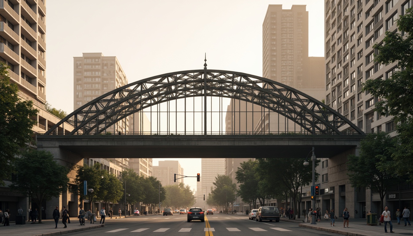 Prompt: Rustic steel bridges, arched structures, suspension cables, reinforced concrete piers, ornate lamp posts, pedestrian walkways, vehicular traffic lanes, urban cityscape, misty morning atmosphere, soft warm lighting, shallow depth of field, 3/4 composition, panoramic view, realistic textures, ambient occlusion.