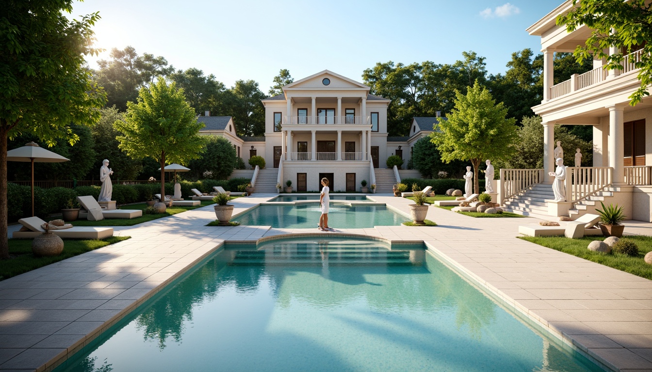 Prompt: Elegant neoclassical swimming pool, symmetrical layout, ornate fountains, grand staircases, limestone coping, travertine decking, manicured lawns, topiary trees, classical statues, urns, balustrades, curved benches, soft warm lighting, shallow depth of field, 1/1 composition, realistic textures, ambient occlusion, serene atmosphere, sunny day, clear blue sky.