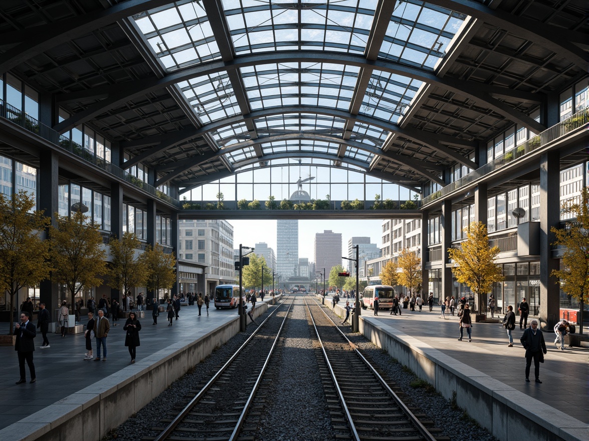 Prompt: Modern train station, steel framework, industrial aesthetic, exposed ductwork, metallic beams, sleek glass roofs, cantilevered canopies, urban landscape, bustling atmosphere, morning rush hour, natural light pouring in, shallow depth of field, 1/2 composition, realistic reflections, ambient occlusion, detailed textures, vibrant city sounds.