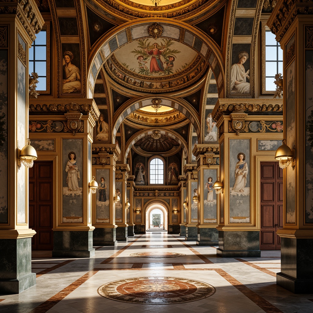 Prompt: Intricate mosaics, golden domes, ornate archways, grandiose columns, lavish frescoes, richly patterned floors, opulent chandeliers, majestic vaulted ceilings, symmetrical spatial layout, harmonious proportions, sacred ambiance, warm soft lighting, subtle shadows, 1/1 composition, central focal point, radial balance, ornamental details, luxurious materials, marble textures, Byzantine-inspired motifs.