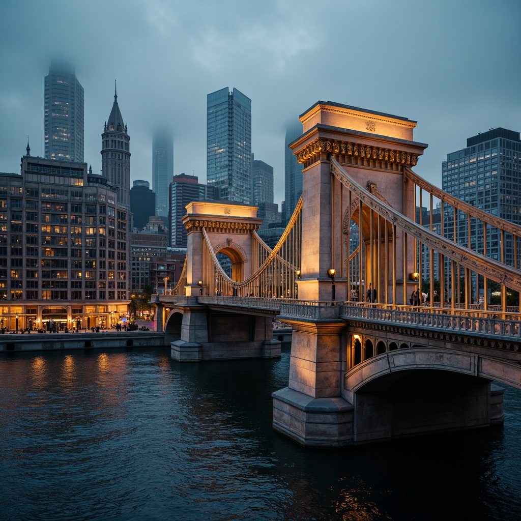 Prompt: Grandiose Baroque-style bridge, ornate stone carvings, sweeping arches, majestic river views, urban cityscape, modern skyscrapers, bustling streets, vibrant streetlights, misty evening atmosphere, warm golden lighting, shallow depth of field, 1/2 composition, symmetrical framing, realistic water reflections, ambient occlusion.