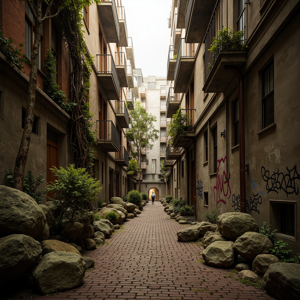 Prompt: Rugged rocky terrain, weathered stone walls, moss-covered boulders, ancient tree roots, twisted metal beams, distressed wooden planks, worn brick pathways, faded graffiti, urban cityscape, misty atmospheric perspective, warm golden lighting, high contrast ratio, shallow depth of field, 2/3 composition, cinematic camera angle, realistic normal mapping, ambient occlusion.