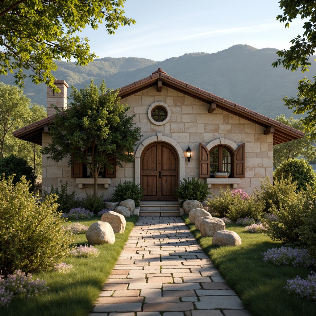 Prompt: Rustic rural cottage, symmetrical facade, ornate wooden doors, arched windows, stone walls, pitched roofs, clay tiles, vintage lanterns, lush greenery, blooming flowers, rolling hills, serene countryside, warm sunny day, soft natural lighting, shallow depth of field, 1/1 composition, realistic textures, ambient occlusion.