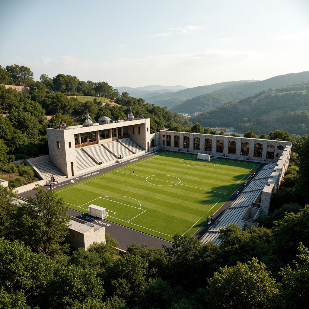 Prompt: Rustic football stadium, Romanesque architecture, stone walls, arched windows, green roofs, lush vegetation, rolling hills, natural scenery, serene atmosphere, warm sunny day, soft diffused lighting, shallow depth of field, 3/4 composition, panoramic view, realistic textures, ambient occlusion, tiered seating, grassy fields, athletic tracks, goalposts, scoreboard, floodlights, spectator stands, VIP lounges, concession booths, modern amenities.