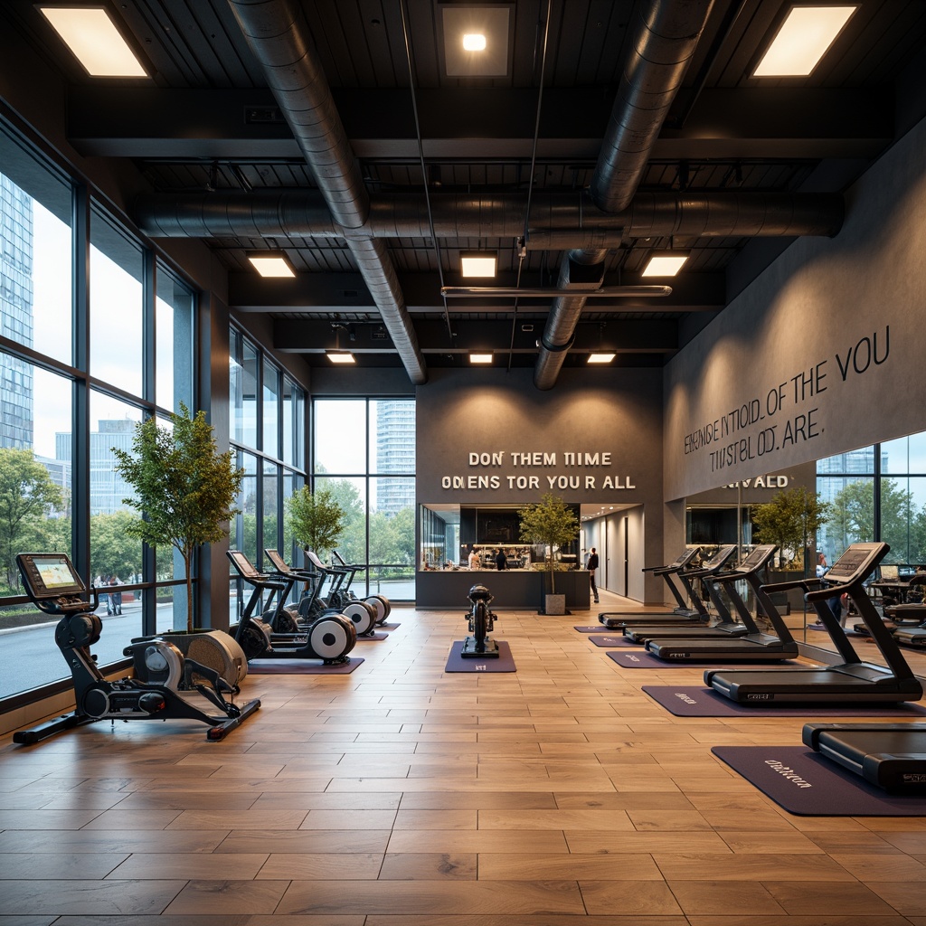 Prompt: Modern fitness studio, sleek wooden floors, mirrored walls, high ceilings, industrial lighting, motivational quotes, state-of-the-art equipment, free weights, treadmills, exercise bikes, yoga mats, resistance bands, sound systems, energetic color scheme, functional layout, open spaces, private training areas, floor-to-ceiling windows, natural light, urban views, 1/1 composition, shallow depth of field, realistic textures, ambient occlusion.