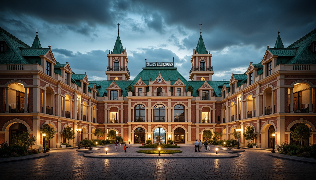 Prompt: Majestic football stadium, Romanesque style facades, ornate stone carvings, grand archways, rusticated columns, vibrant green roofs, intricate brick patterns, imposing clock towers, dramatic floodlighting, atmospheric mist effects, shallow depth of field, 1/2 composition, symmetrical architecture, warm golden lighting, realistic textures, ambient occlusion.