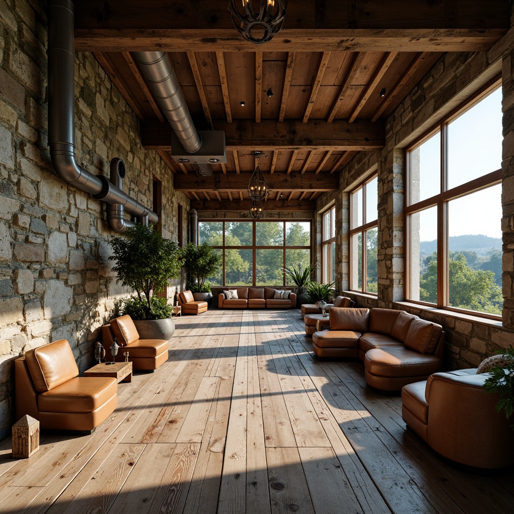 Prompt: Rustic wooden planks, distressed finishes, earthy tones, natural stone walls, rough-hewn boulders, moss-covered rocks, weathered metal accents, vintage industrial pipes, reclaimed wood furniture, worn leather upholstery, soft warm lighting, shallow depth of field, 3/4 composition, panoramic view, realistic textures, ambient occlusion.