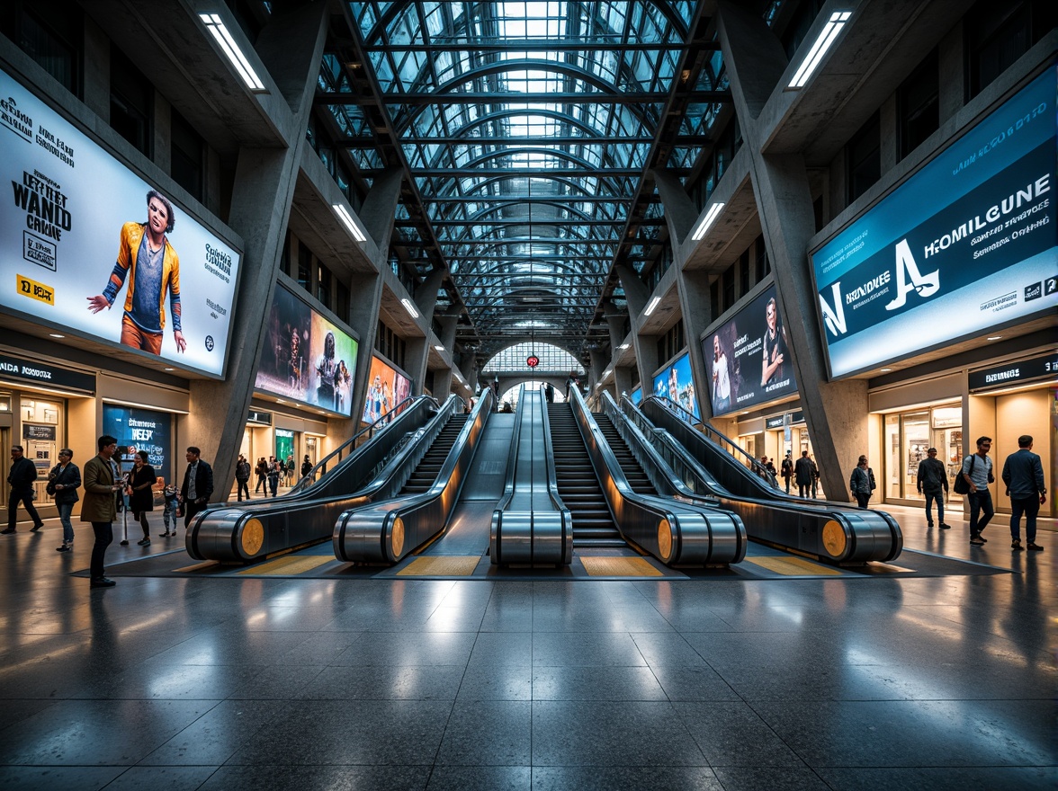 Prompt: Glossy subway tiles, metallic railings, concrete pillars, industrial lighting fixtures, urban cityscape, busy commuter atmosphere, modern transportation hub, sleek glass ceilings, stainless steel escalators, vibrant advertisement displays, dynamic LED screens, futuristic architectural design, angular geometric shapes, polished granite floors, intricate mosaic patterns, warm ambient lighting, shallow depth of field, 1/2 composition, realistic reflections.