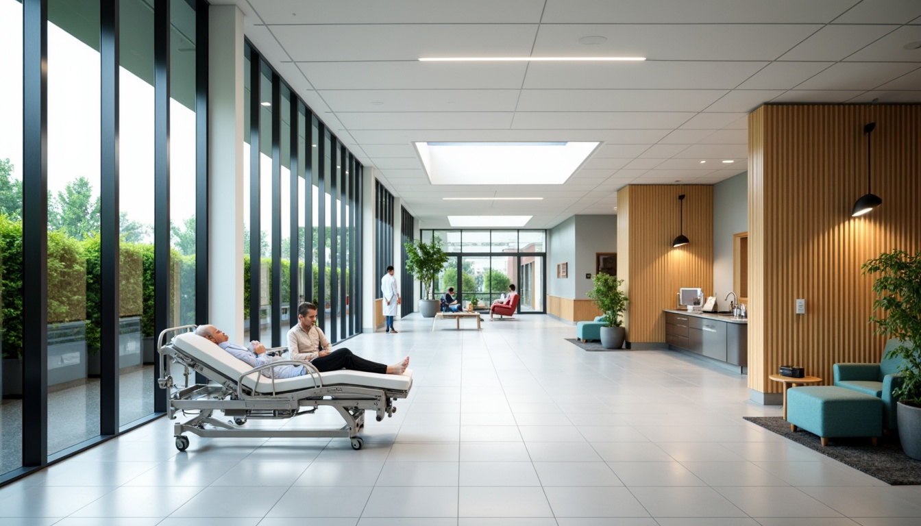 Prompt: Modern hospital building, sleek glass curtain walls, natural light influx, minimalist interior design, sterile white floors, stainless steel medical equipment, comfortable patient rooms, private recovery areas, calming greenery views, warm wooden accents, soft diffused lighting, shallow depth of field, 1/1 composition, realistic reflections, ambient occlusion.